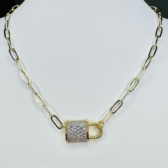 Pave Lock Pendant & Gold Link Necklace. - Picture 7 of 7